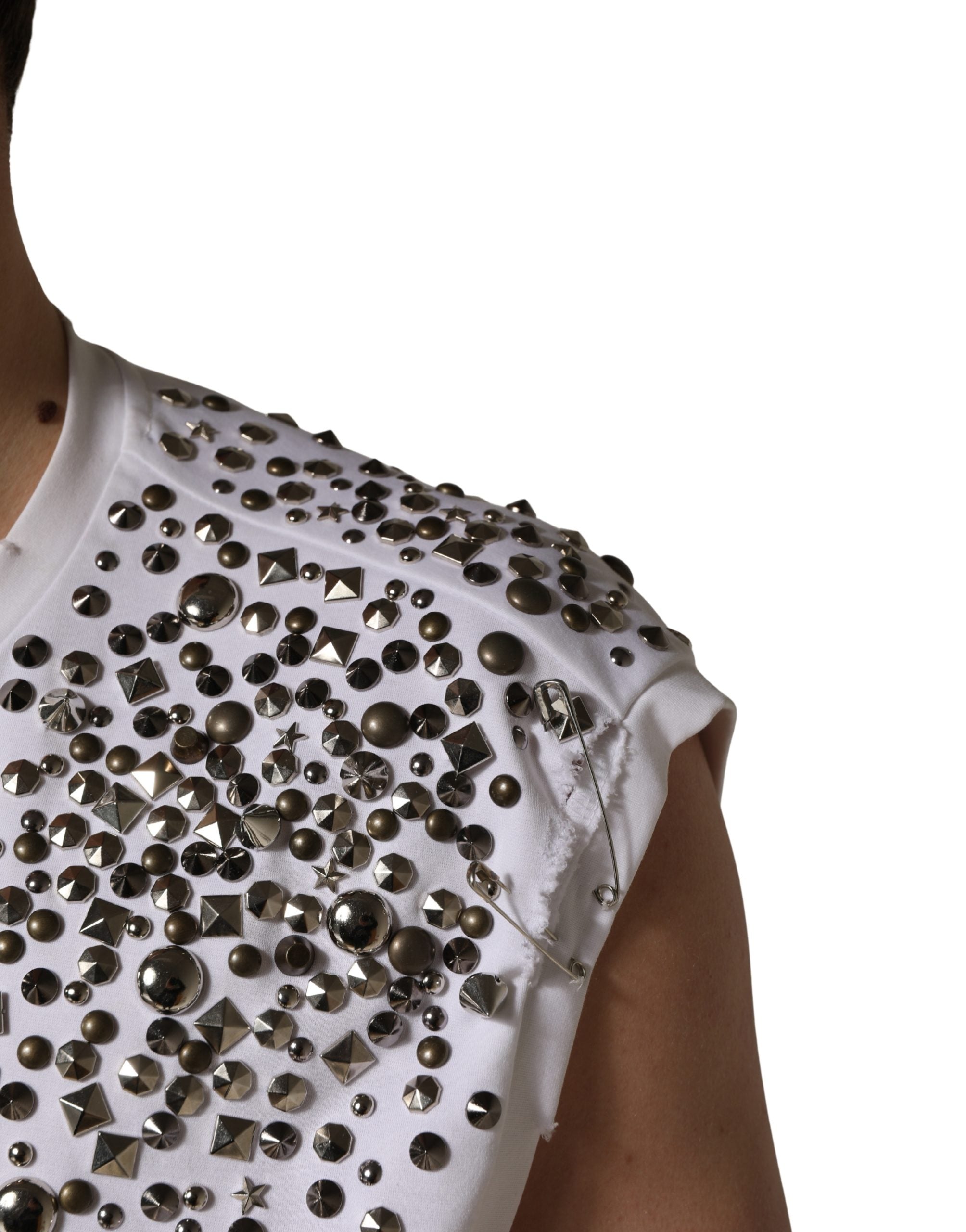 White Rhinestones Sleeveless Round Neck T-shirt