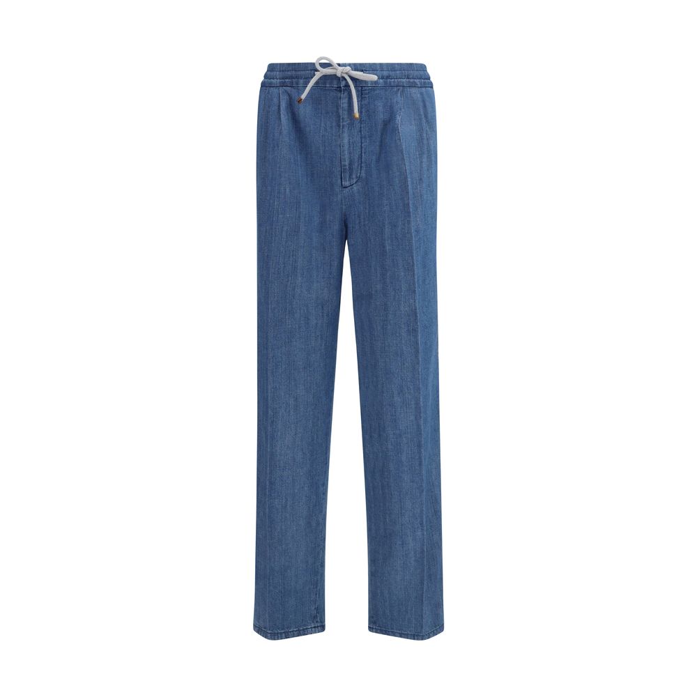 Blue Cotton Casual Pants