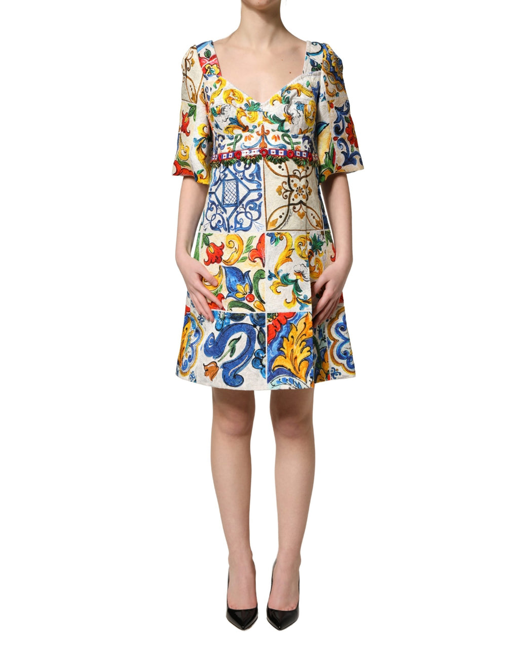 Multicolor Majolica Print Cotton Mini Dress