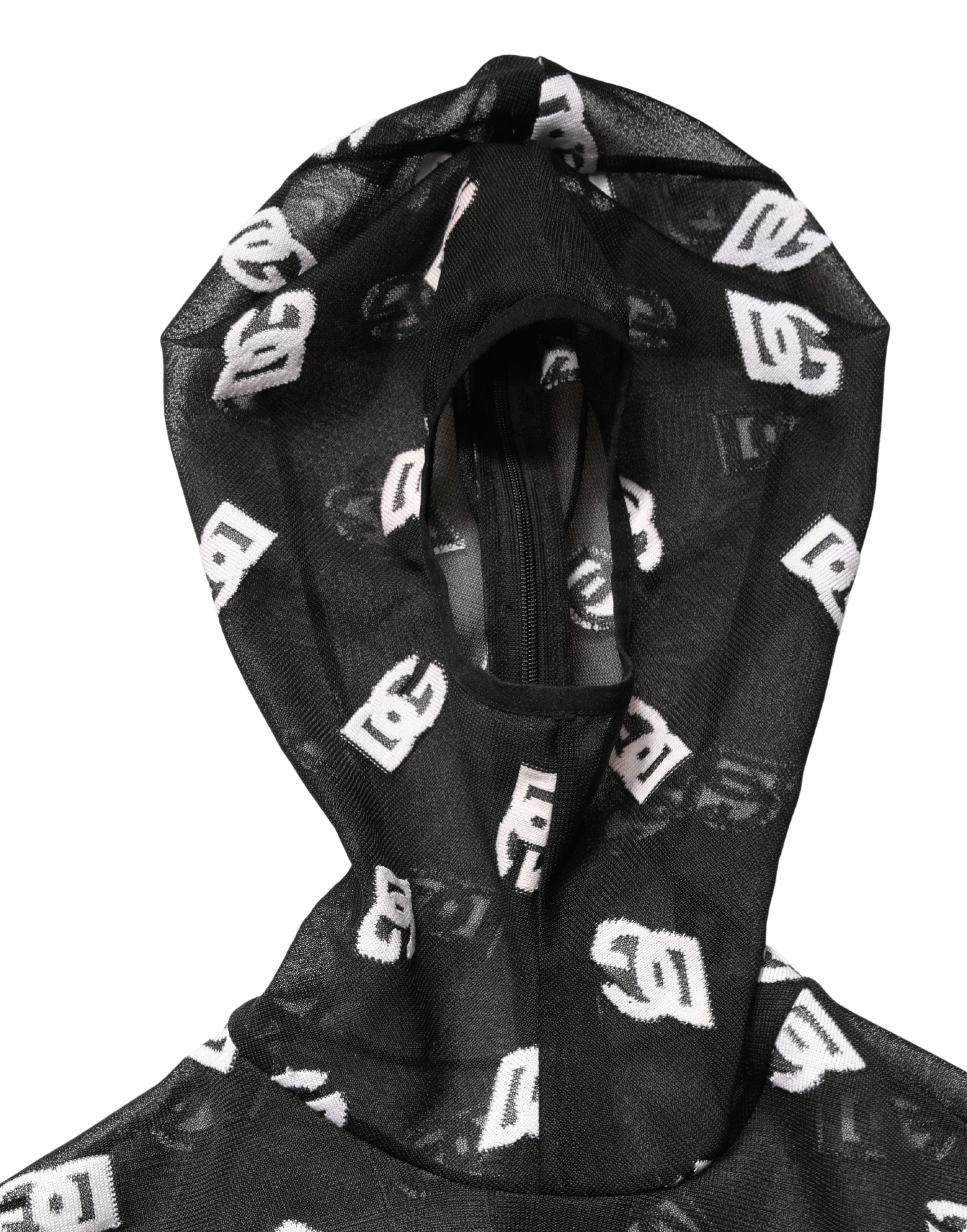 Black White Logo Print Hooded Jumpsuit Dress