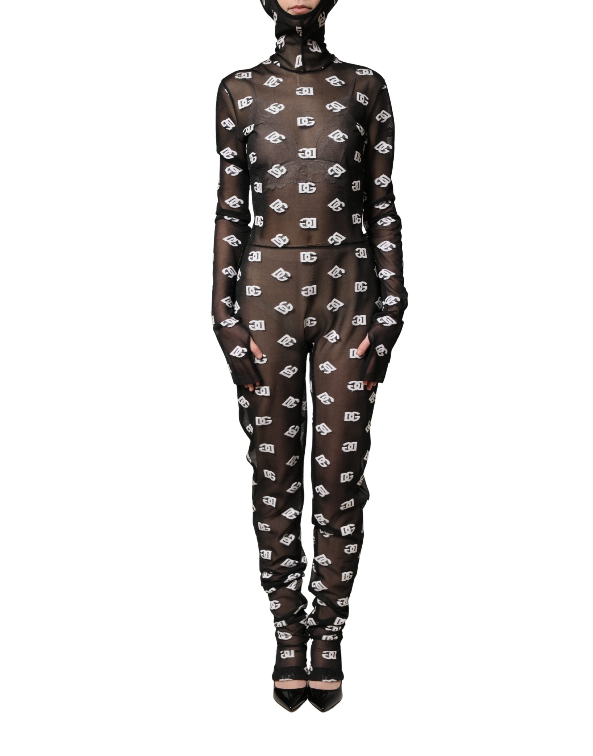 Black White Logo Print Hooded Jumpsuit Dress