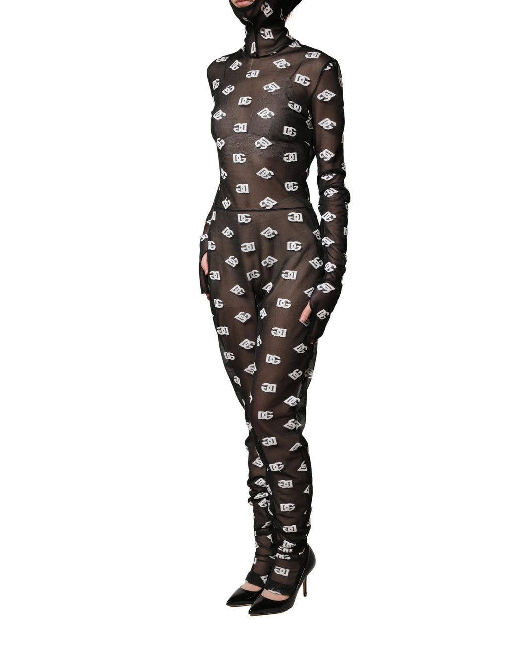 Black White Logo Print Hooded Jumpsuit Dress