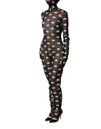 Black White Logo Print Hooded Jumpsuit Dress