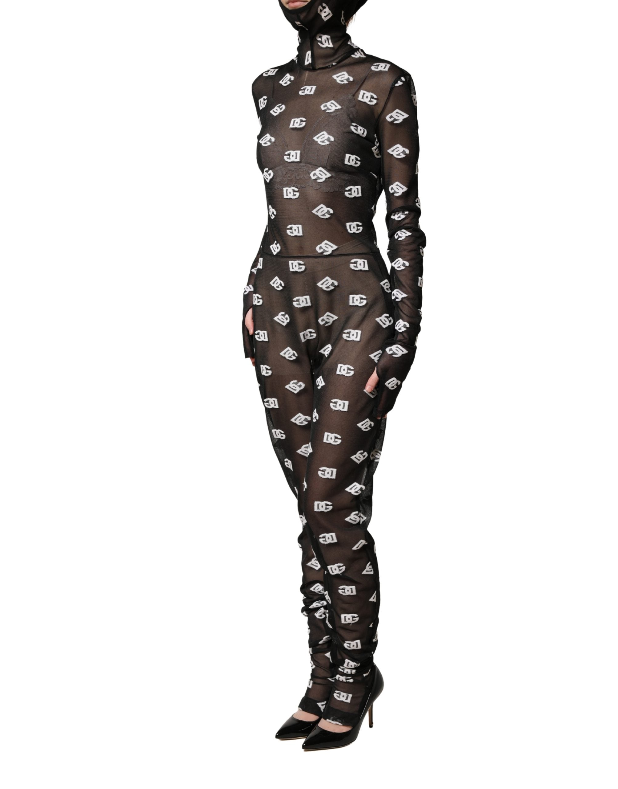 Black White Logo Print Hooded Jumpsuit Dress