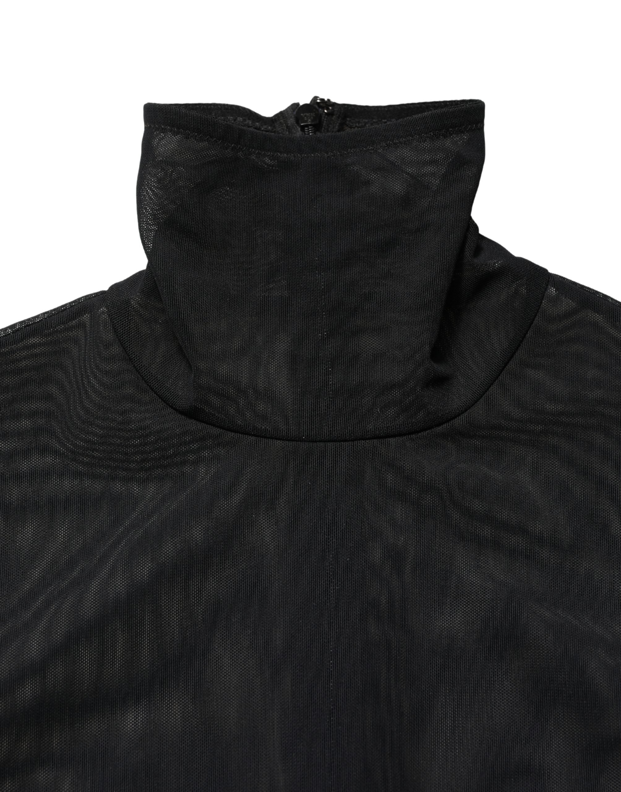 Black Nylon Sheer Turtleneck Jumpsuit Dress