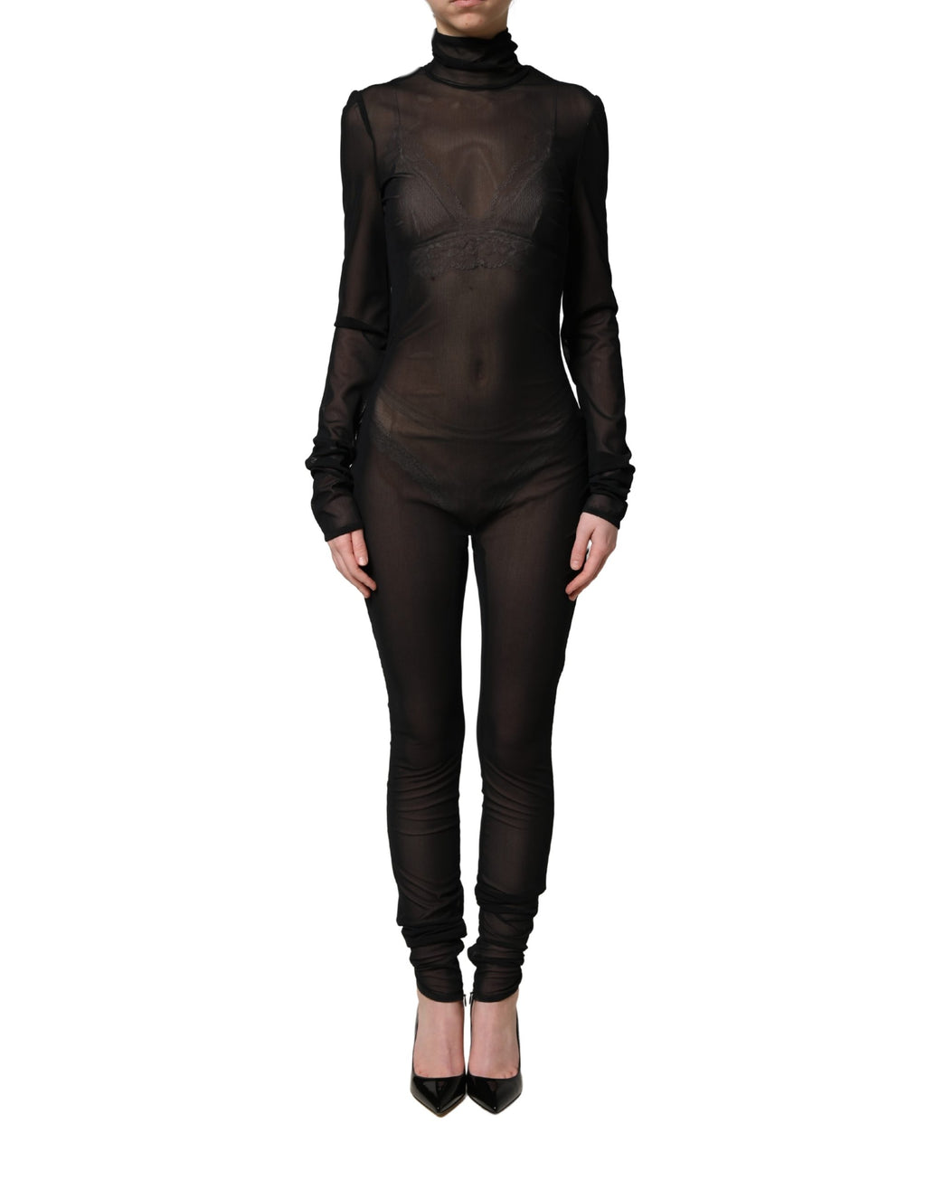 Black Nylon Sheer Turtleneck Jumpsuit Dress
