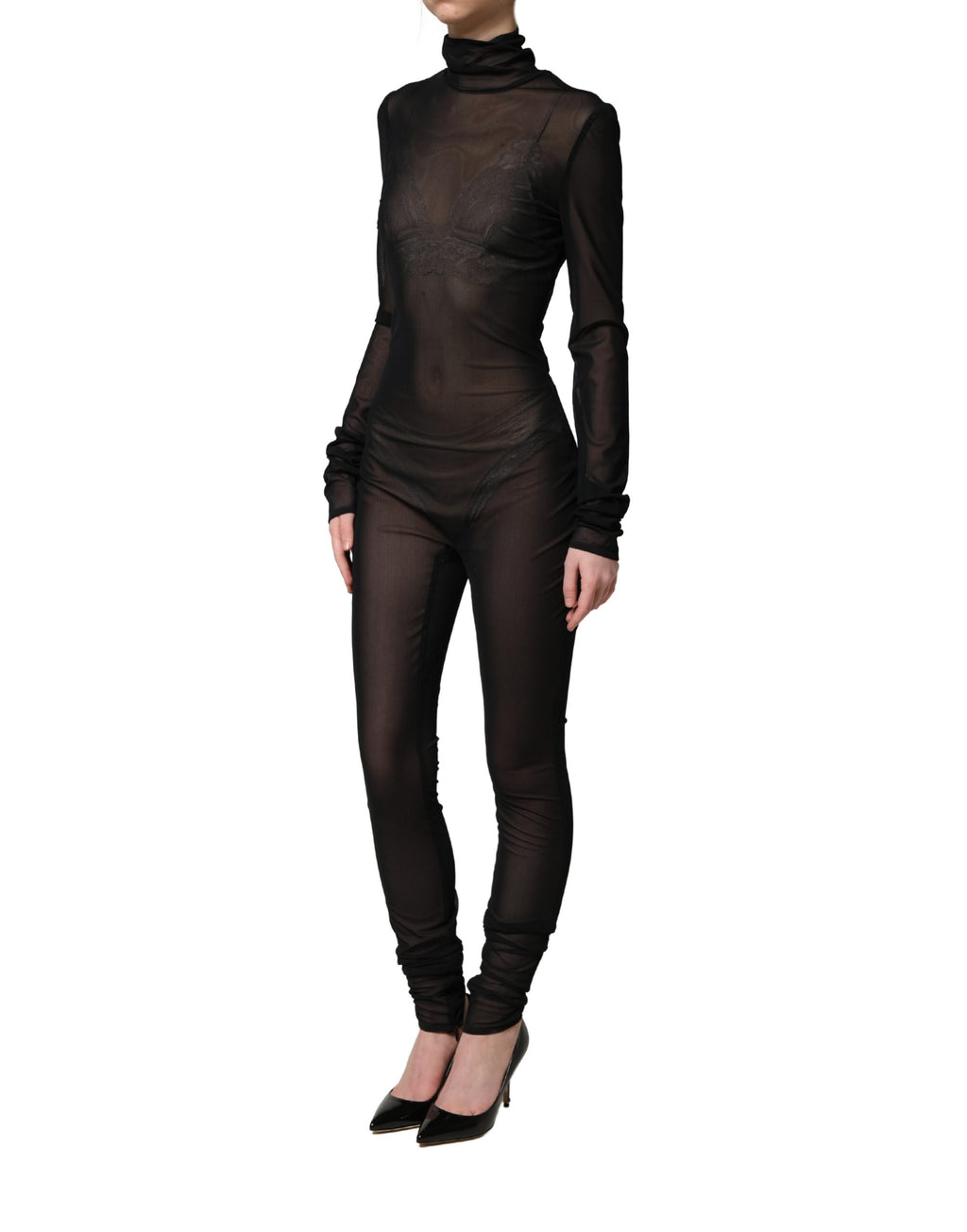 Black Nylon Sheer Turtleneck Jumpsuit Dress