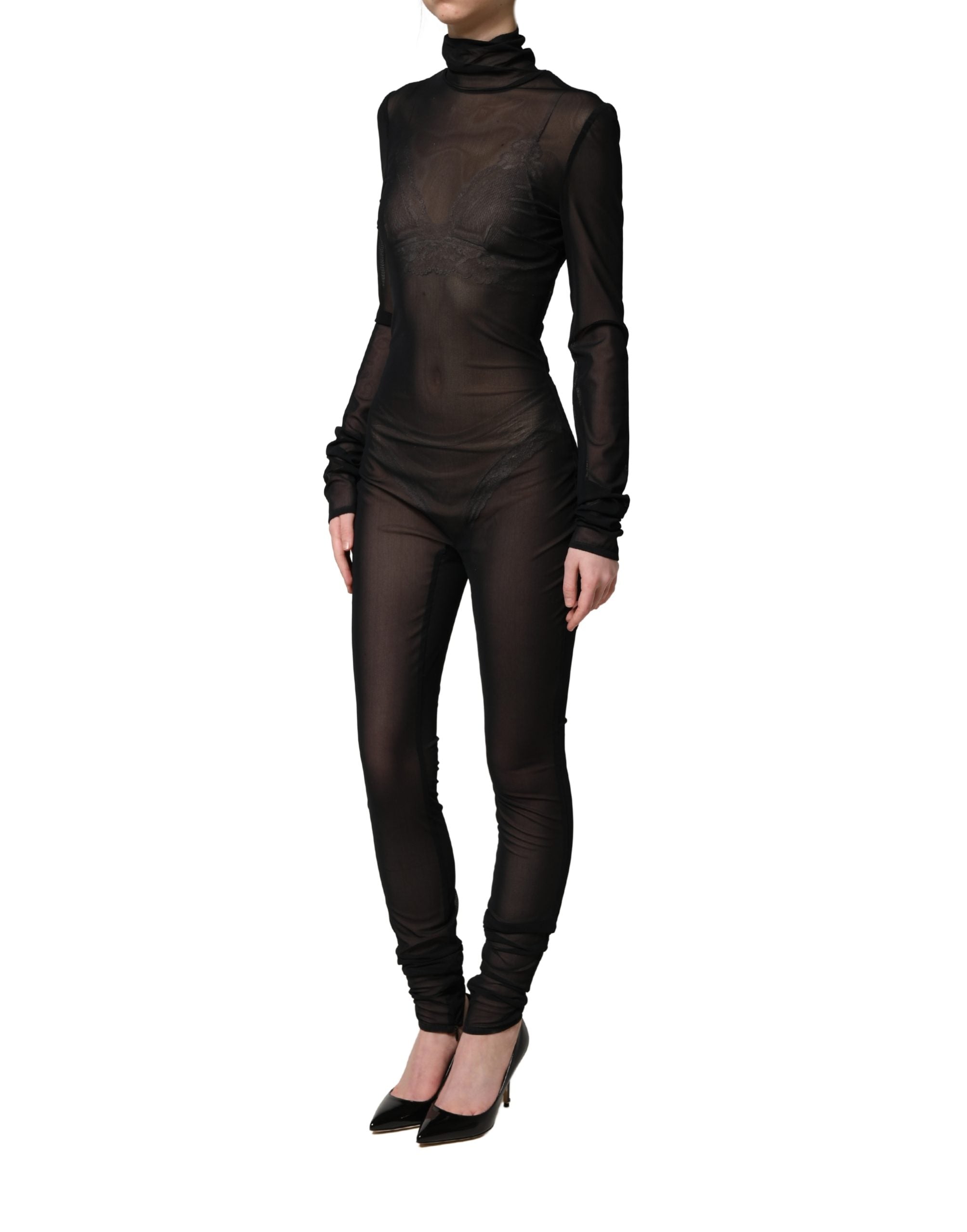 Black Nylon Sheer Turtleneck Jumpsuit Dress