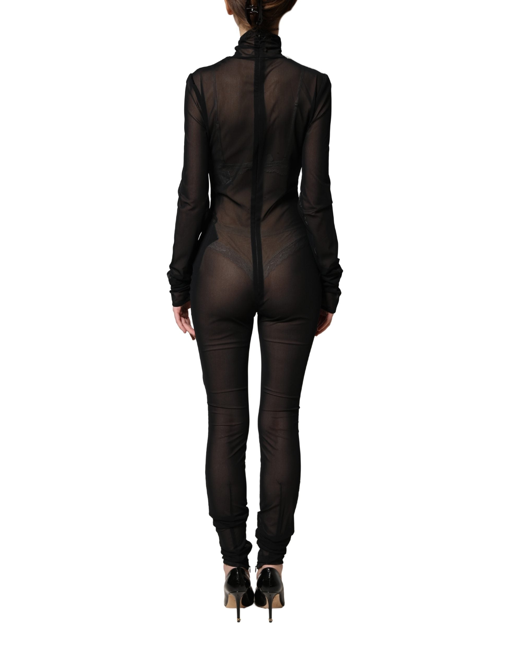 Black Nylon Sheer Turtleneck Jumpsuit Dress