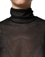 Black Nylon Sheer Turtleneck Jumpsuit Dress