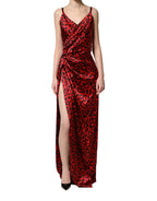 Red Leopard Print Silk Side Slit Maxi Dress