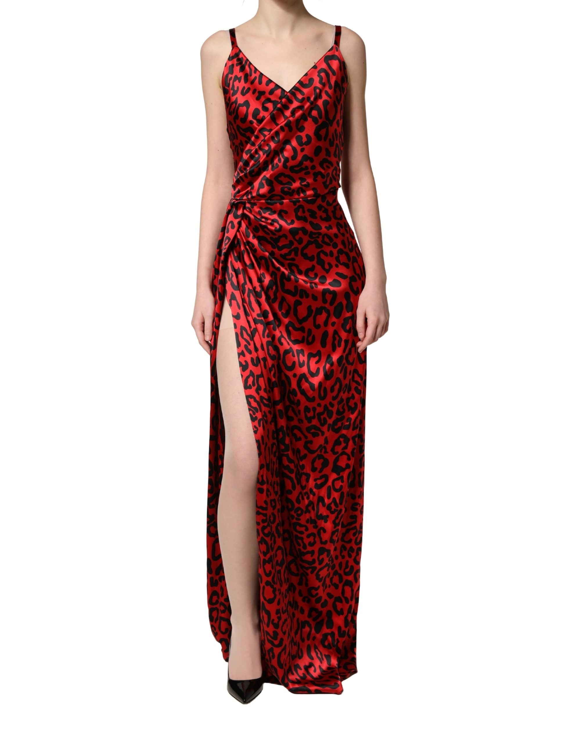 Red Leopard Print Silk Side Slit Maxi Dress