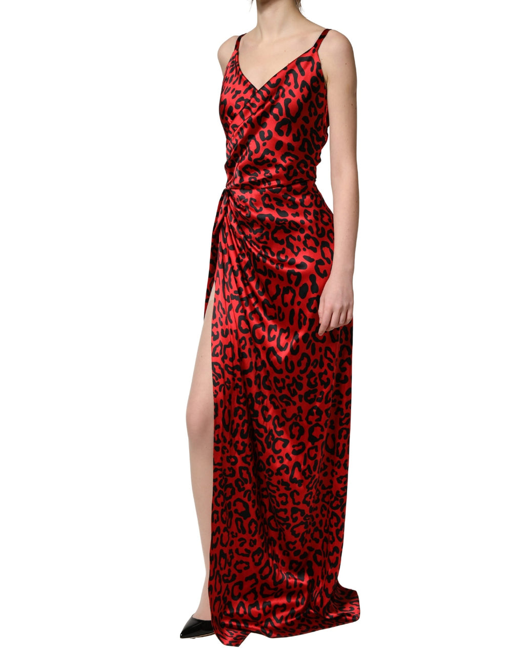 Red Leopard Print Silk Side Slit Maxi Dress