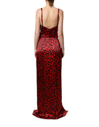 Red Leopard Print Silk Side Slit Maxi Dress