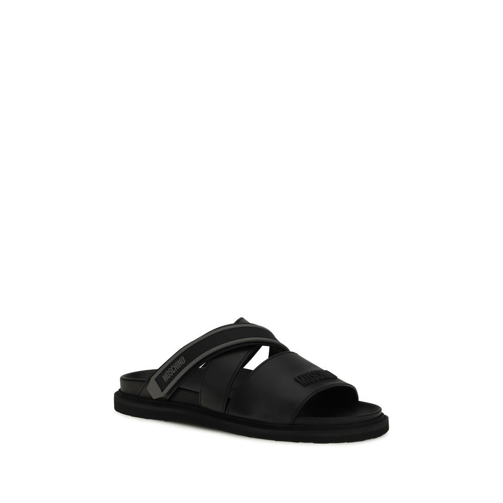 Black Calf Leather Bos Taurus Flat Sandals