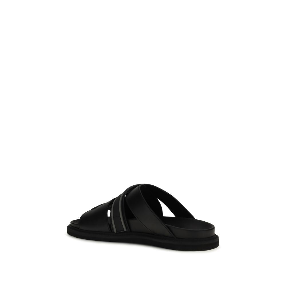 Black Calf Leather Bos Taurus Flat Sandals