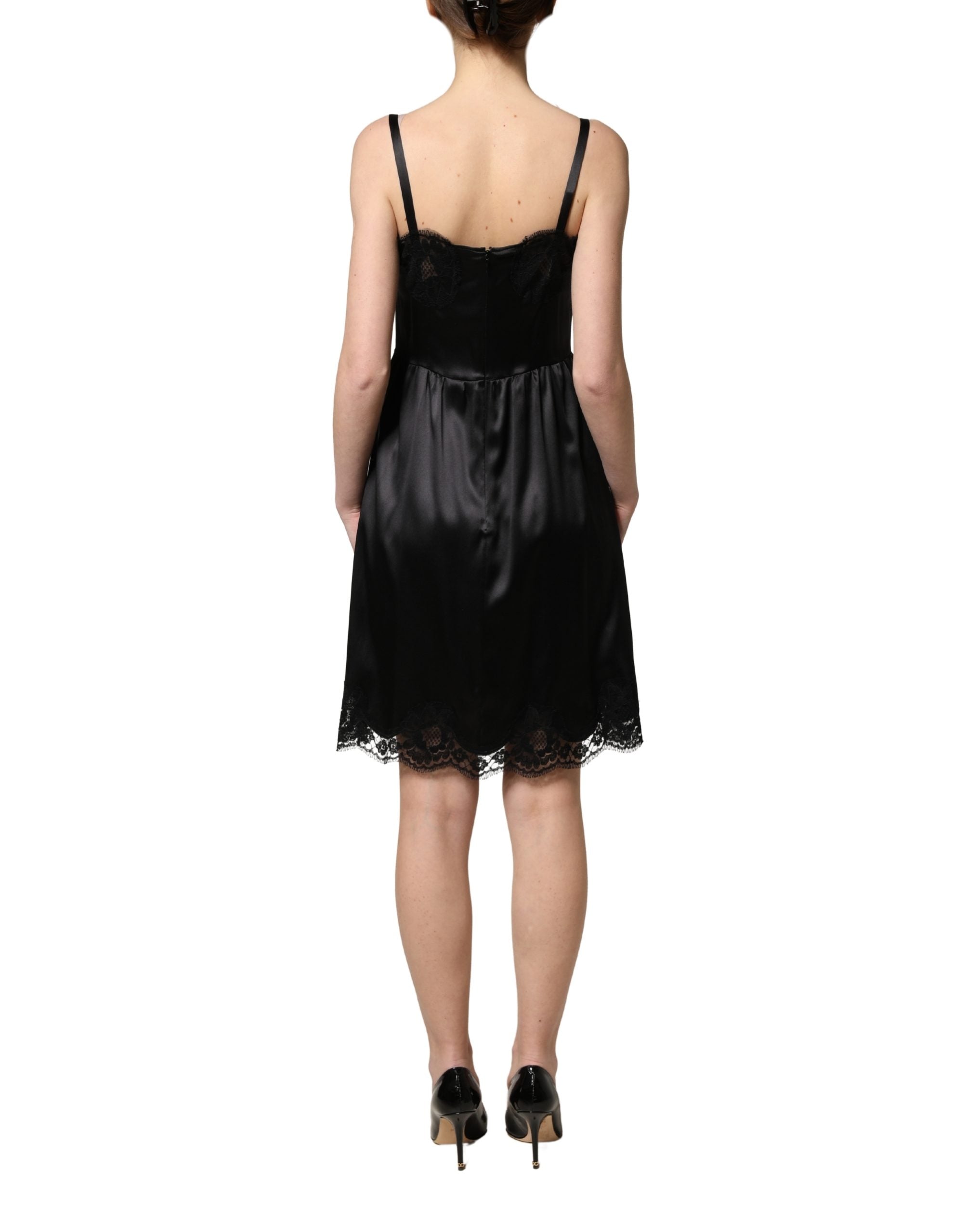 Black Silk Satin Lace Sleeveless Mini Dress