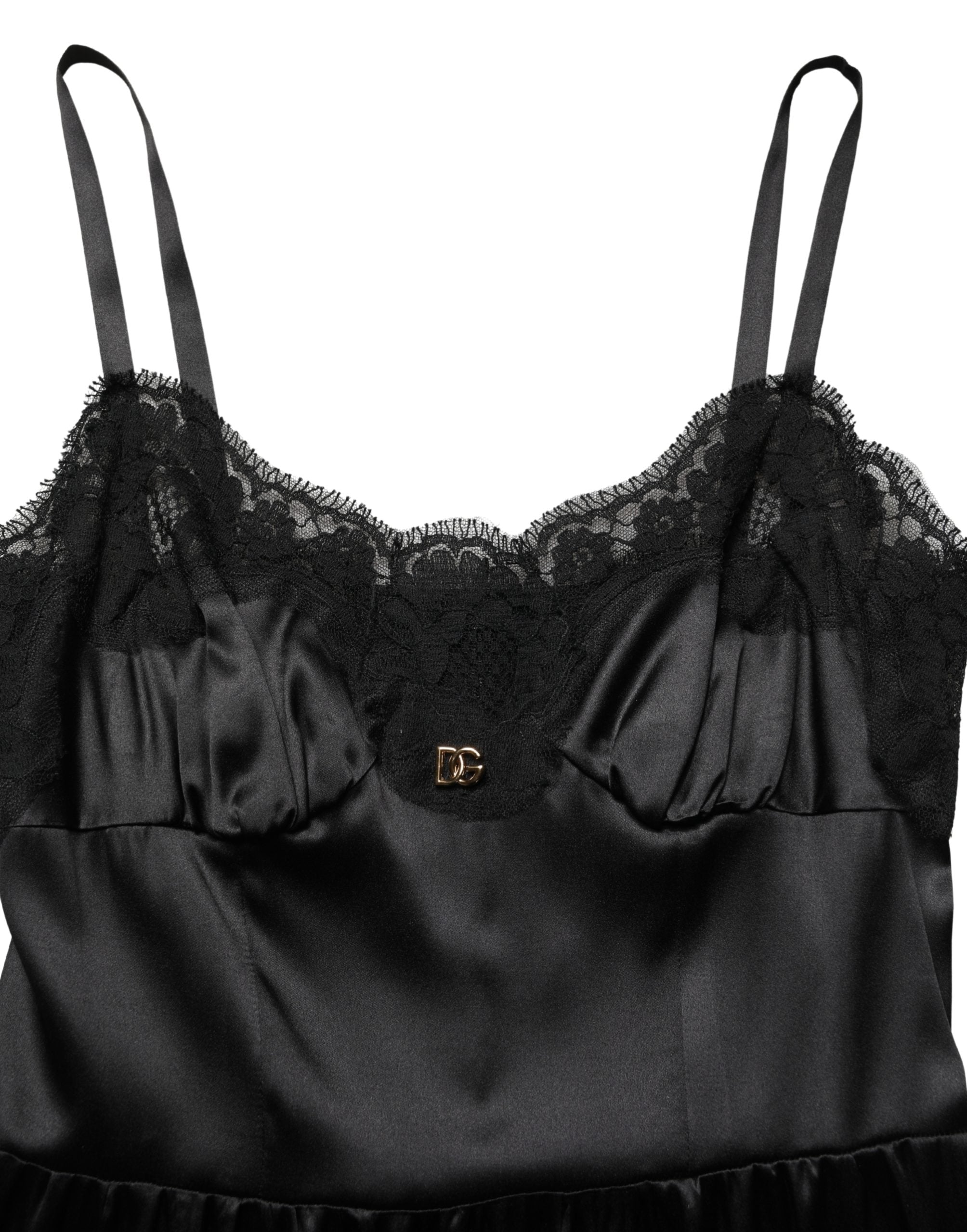 Black Silk Satin Lace Sleeveless Mini Dress