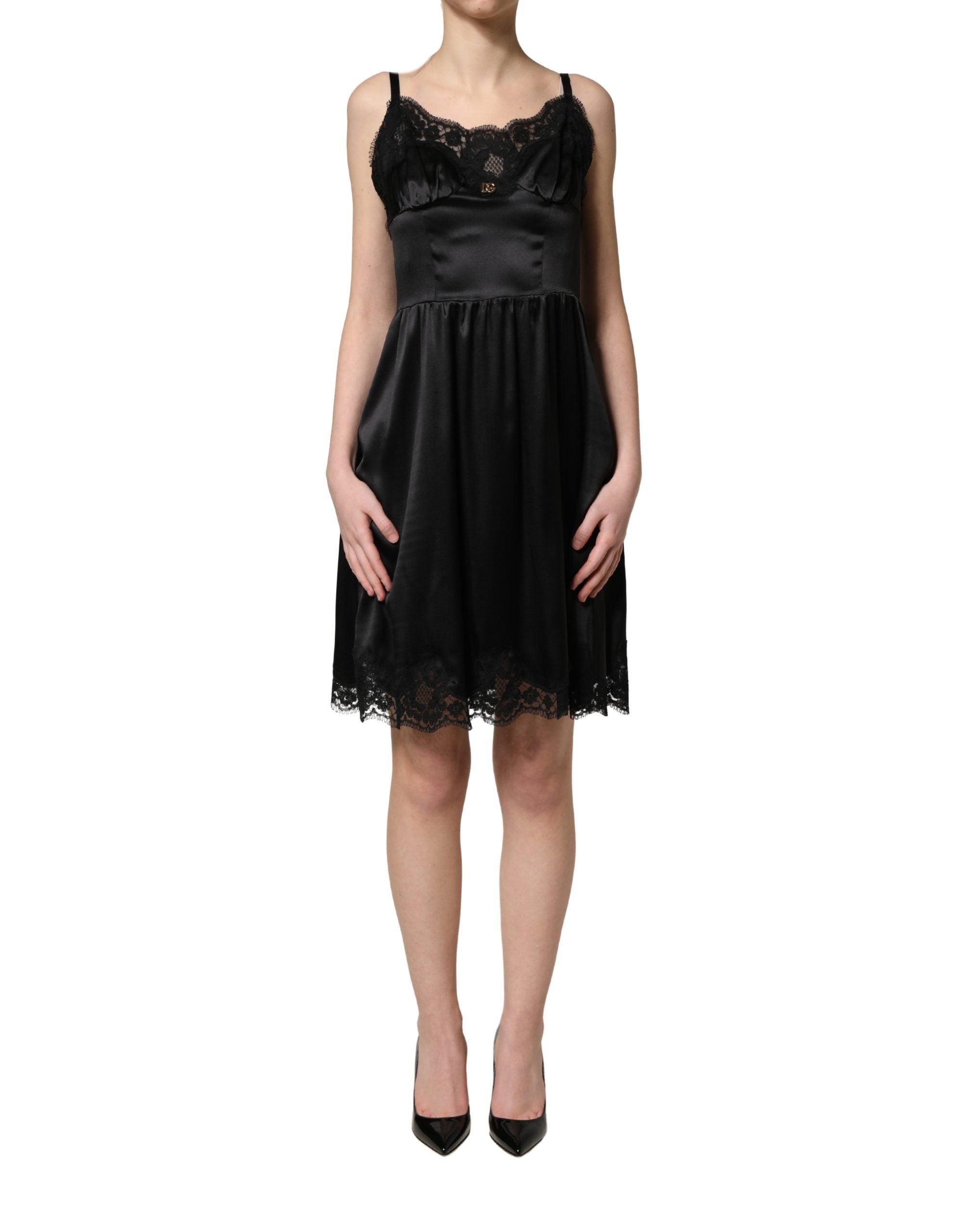 Black Silk Satin Lace Sleeveless Mini Dress
