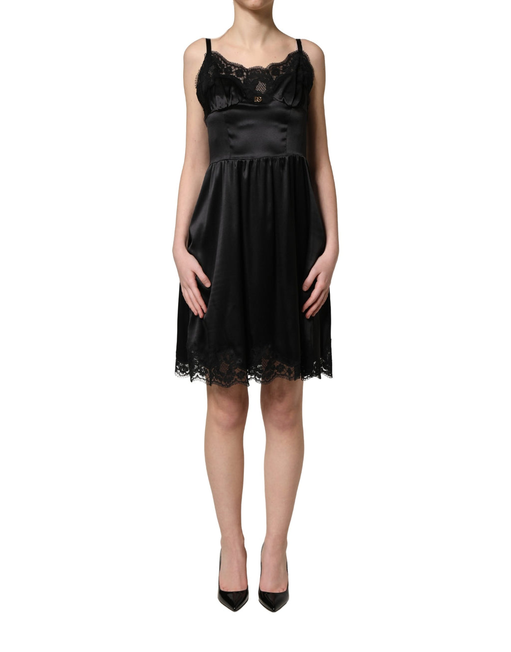 Black Silk Satin Lace Sleeveless Mini Dress