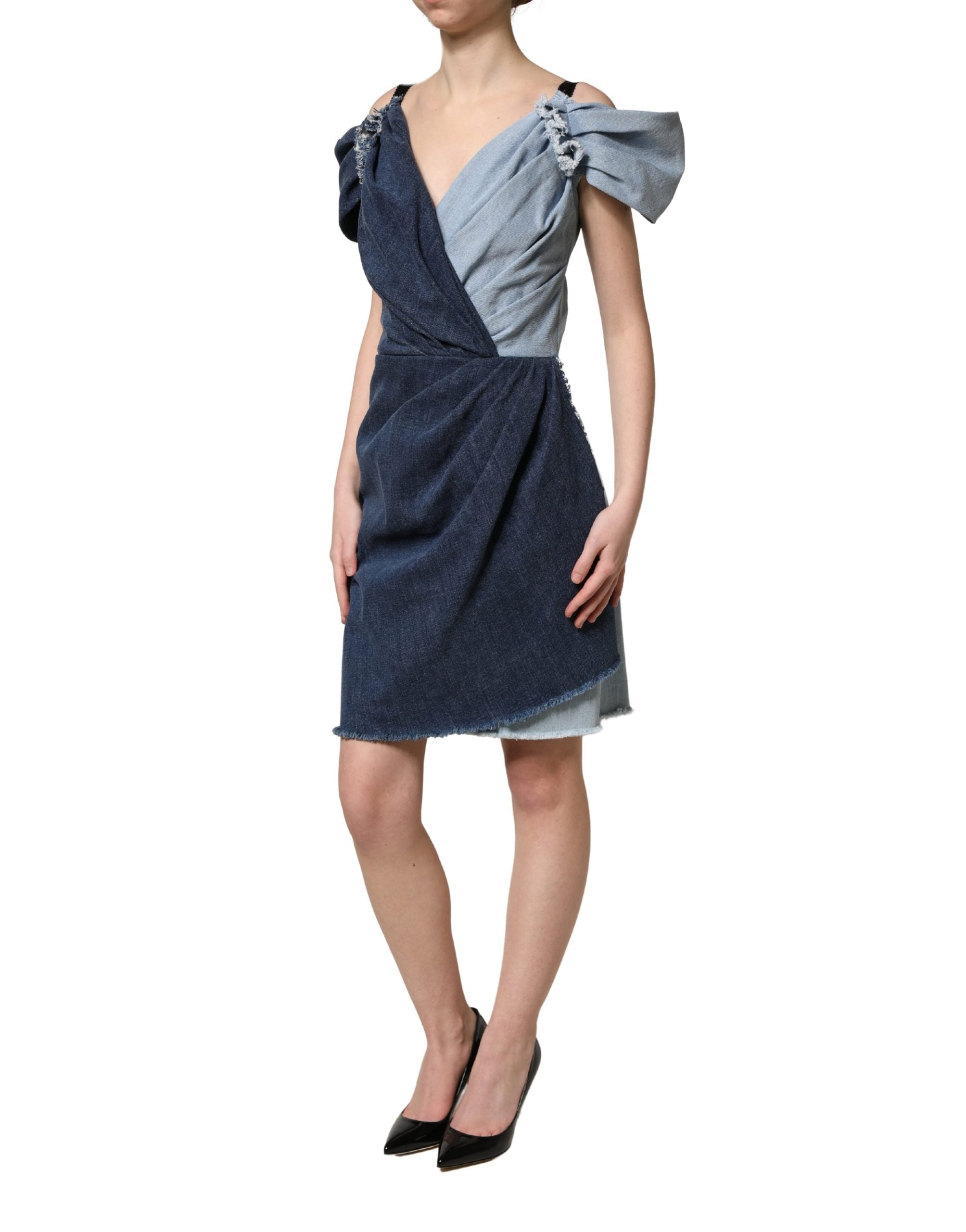 Blue Cotton Patchwork Denim Mini Sheath Dress