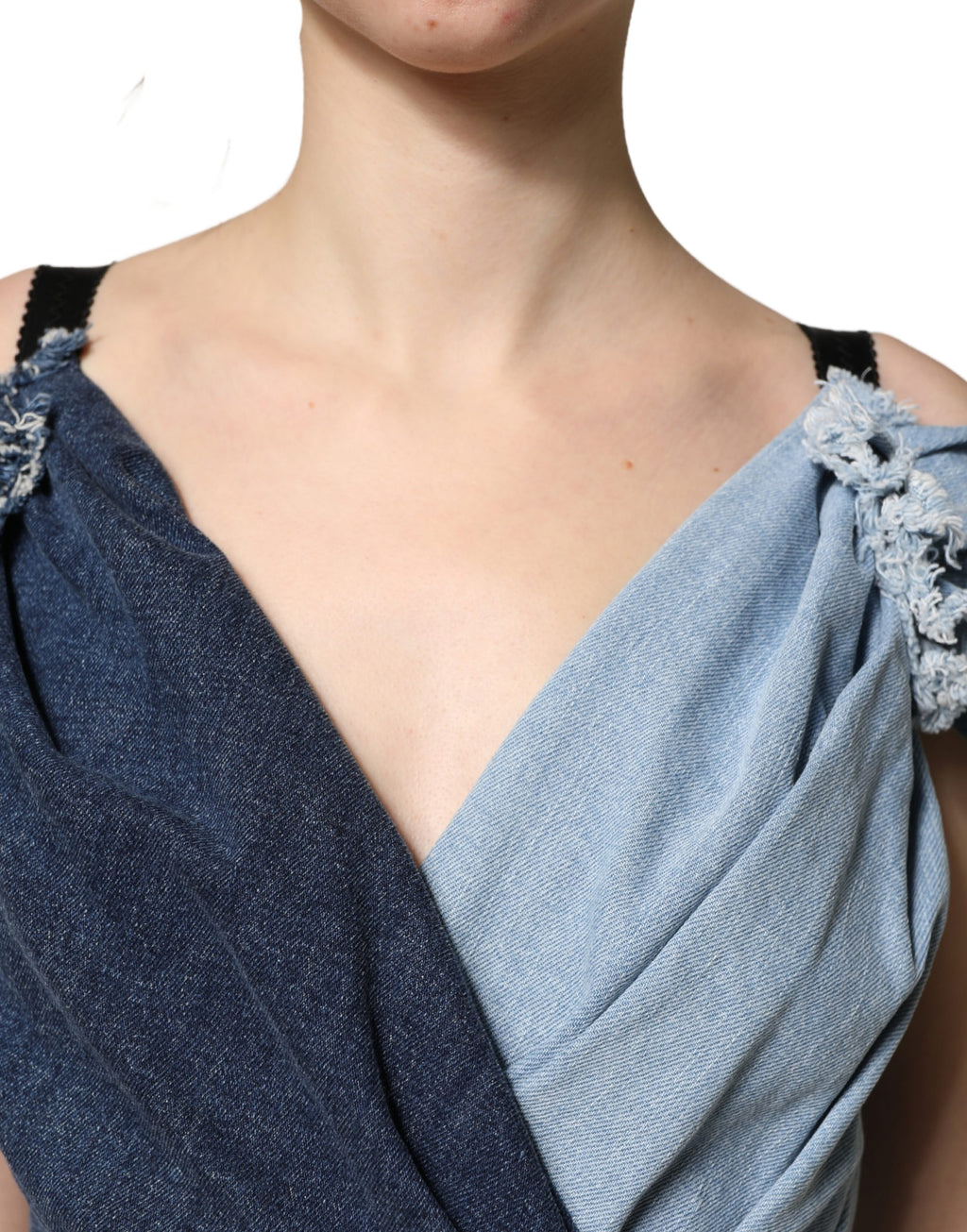 Blue Cotton Patchwork Denim Mini Sheath Dress