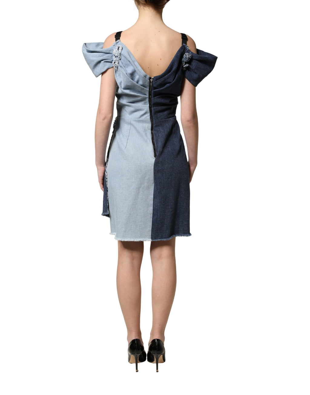 Blue Cotton Patchwork Denim Mini Sheath Dress