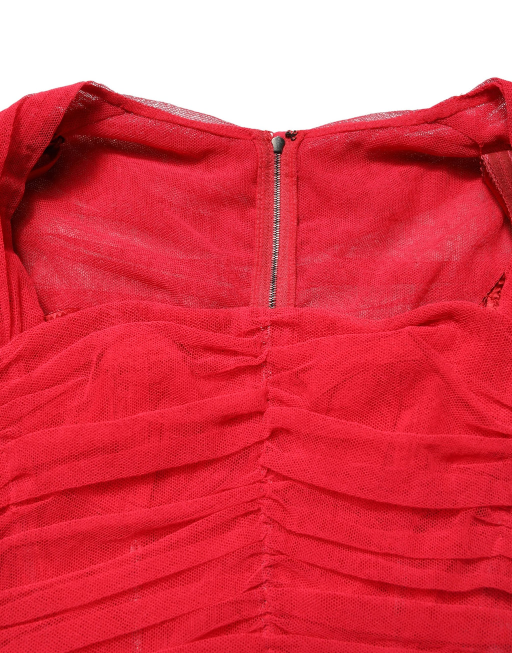 Red Cotton Ruched Stretch Tulle Midi Dress