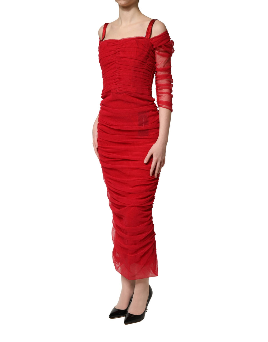 Red Cotton Ruched Stretch Tulle Midi Dress