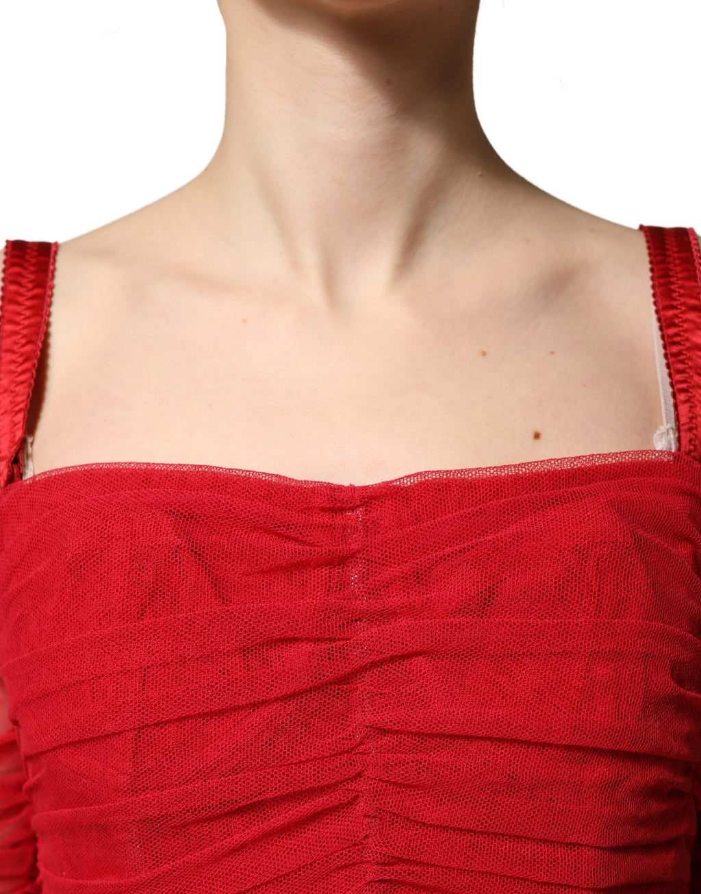 Red Cotton Ruched Stretch Tulle Midi Dress