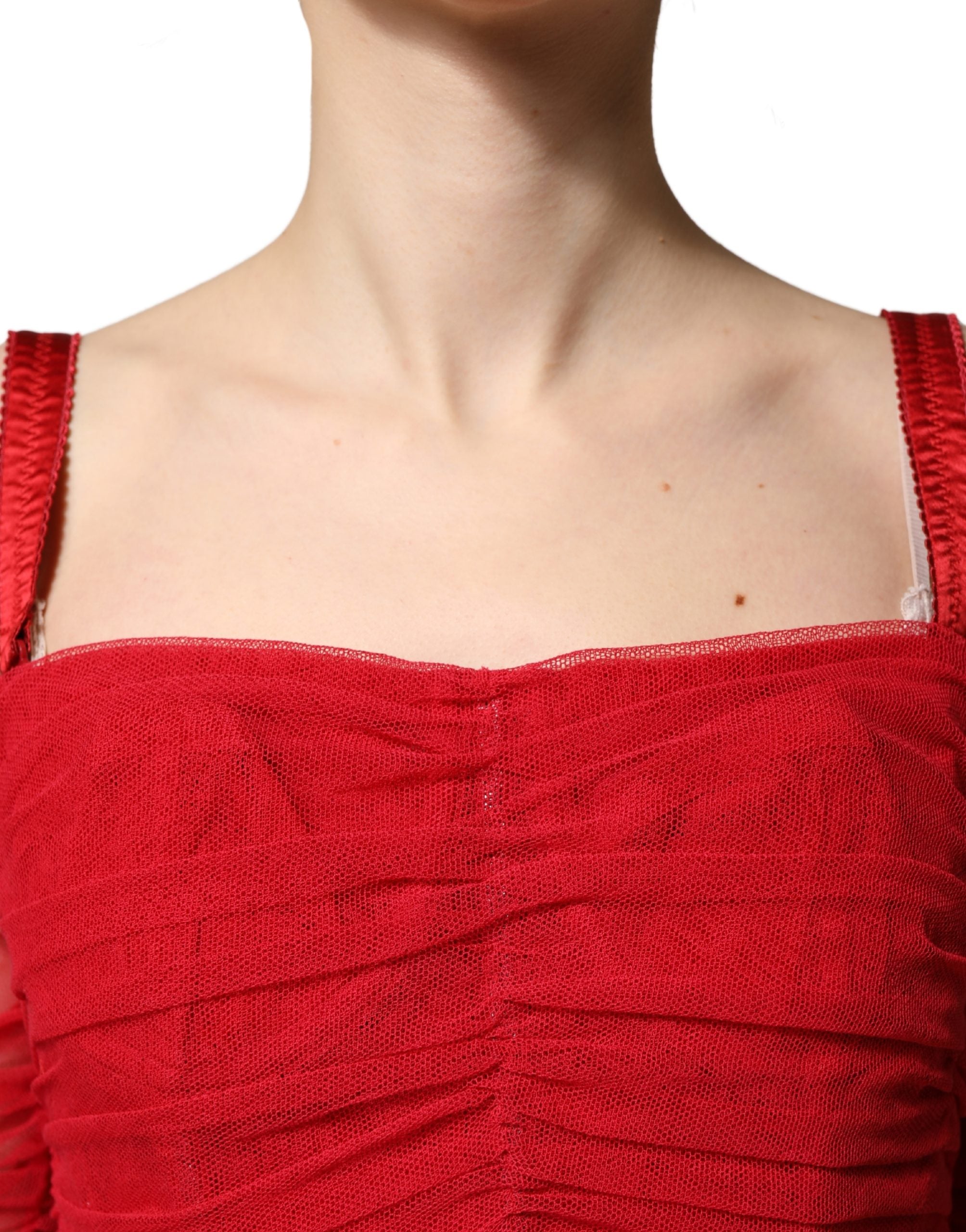 Red Cotton Ruched Stretch Tulle Midi Dress