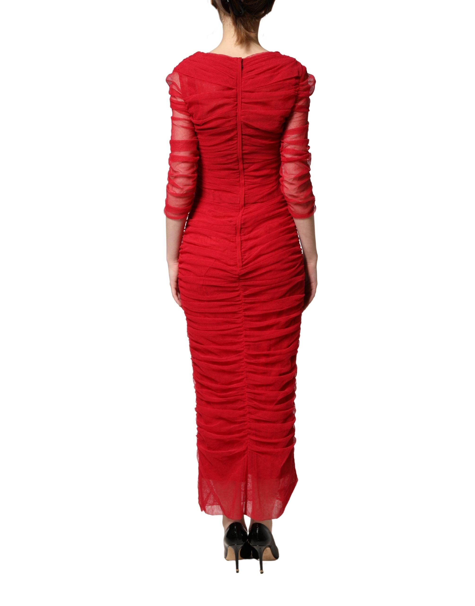 Red Cotton Ruched Stretch Tulle Midi Dress