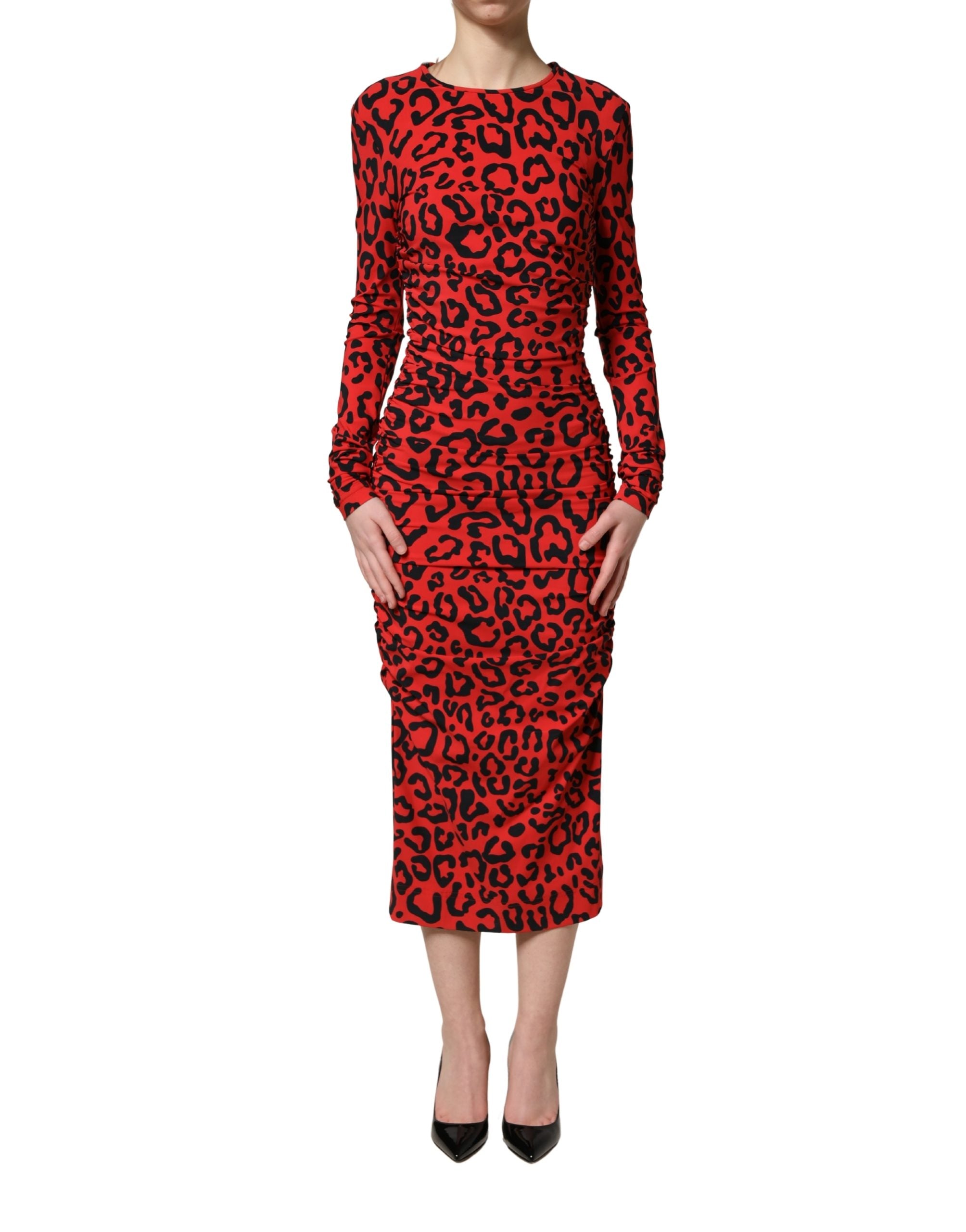 Red Leopard Print Long Sleeves Midi Dress