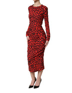 Red Leopard Print Long Sleeves Midi Dress