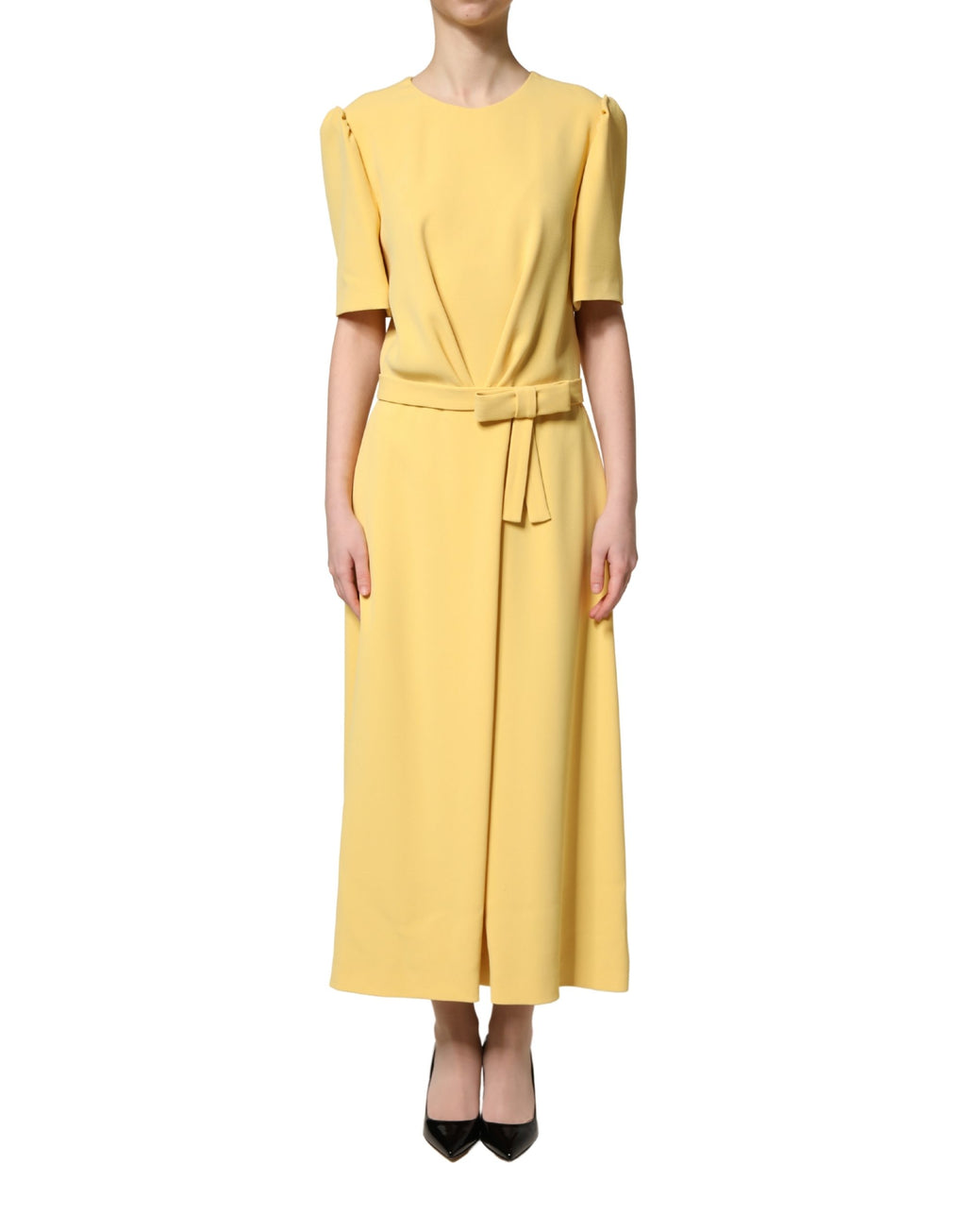 Yellow Short-Sleeved Crew Neck Midi Dress