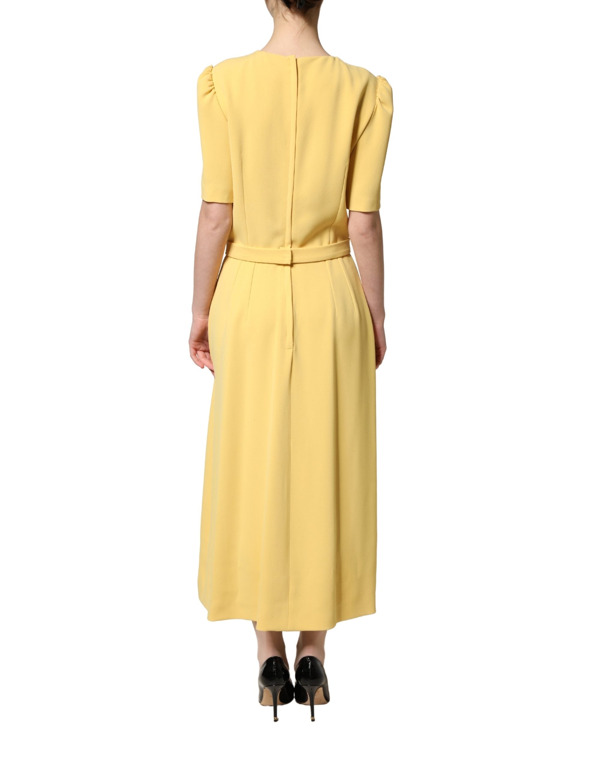 Yellow Short-Sleeved Crew Neck Midi Dress
