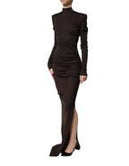Brown Turtleneck Jersey Long Maxi Dress