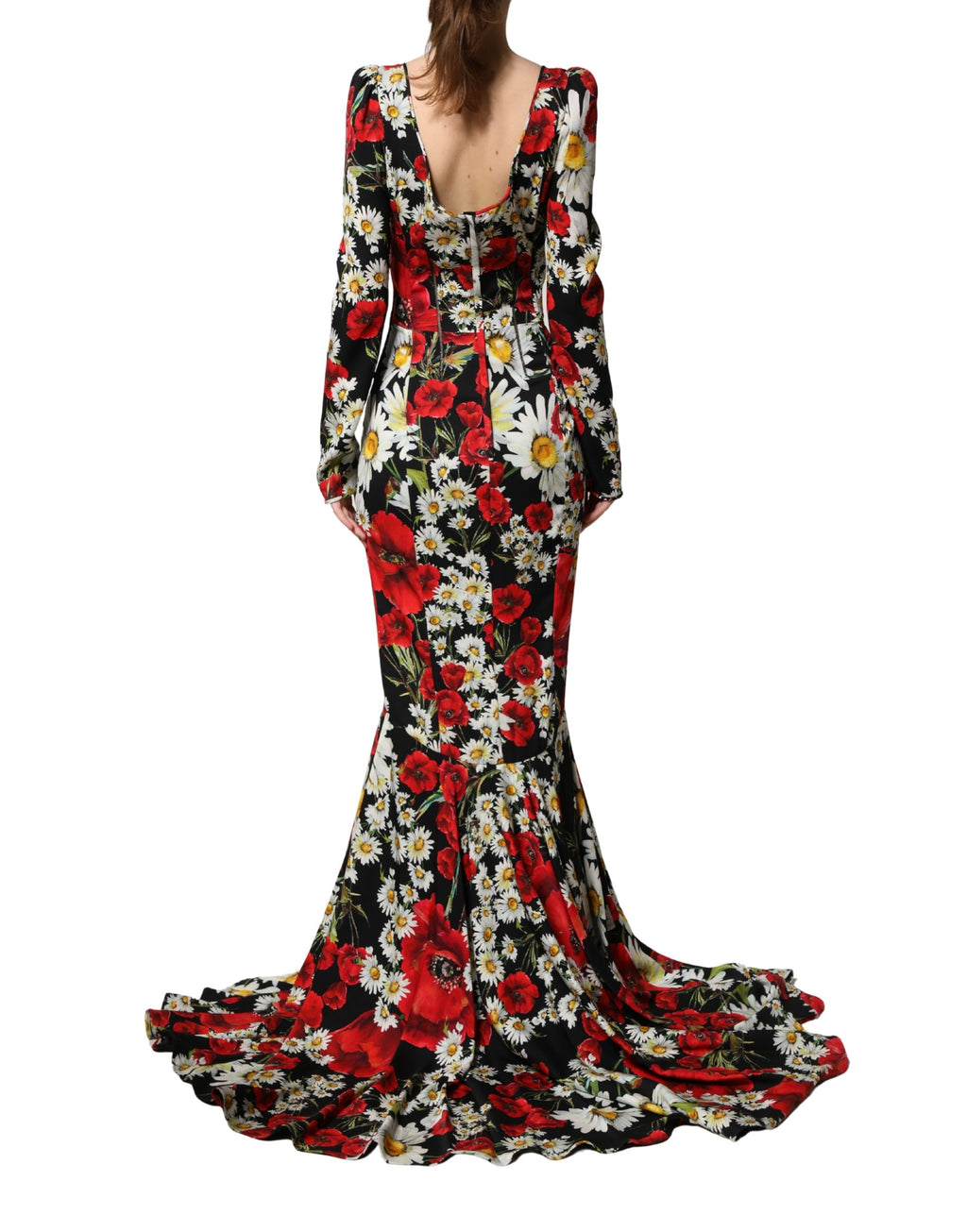 Black Floral Silk Long Sleeves Gown Dress