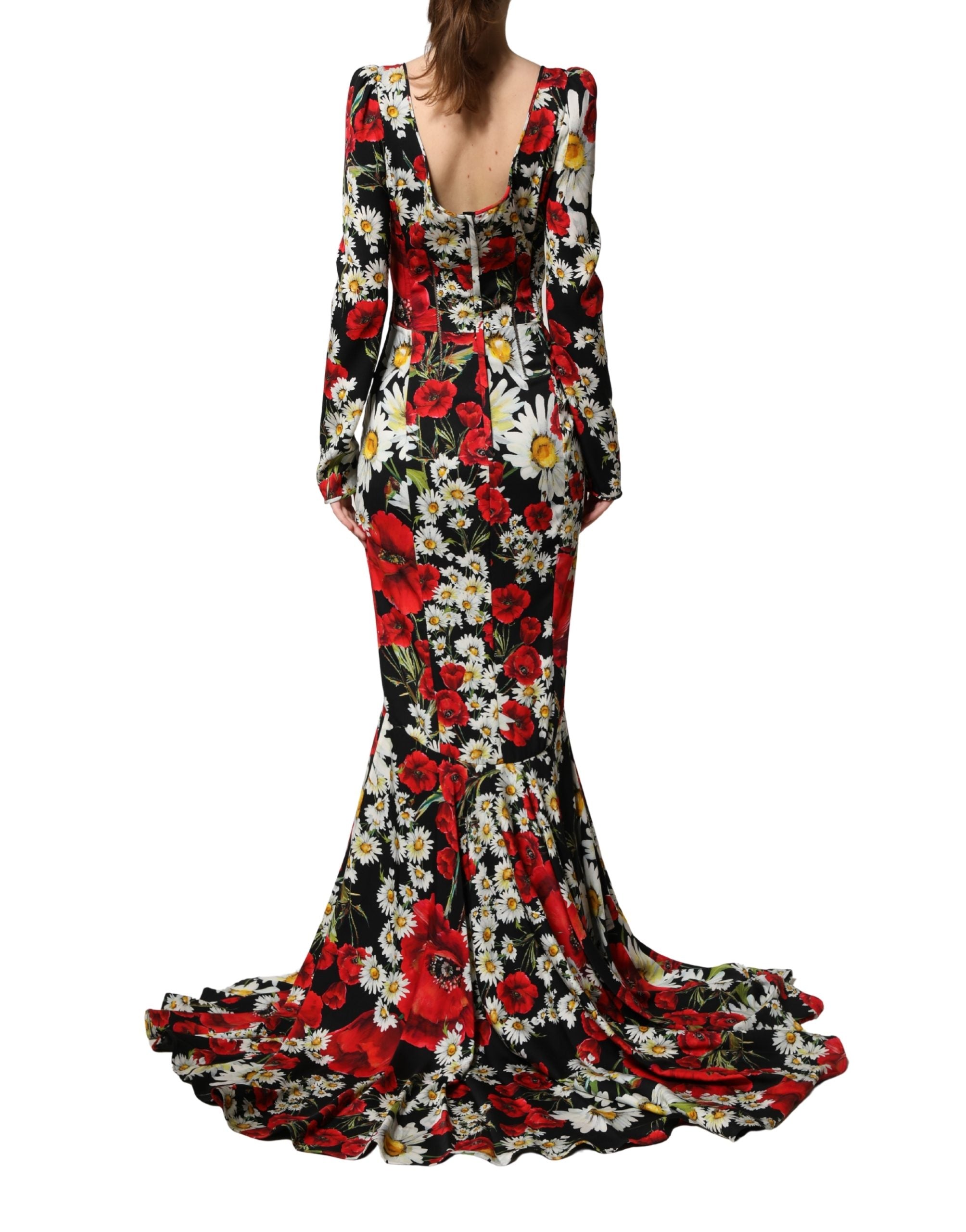 Black Floral Silk Long Sleeves Gown Dress