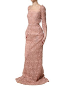 Pink Lace Long-Sleeved Evening Gown Dress