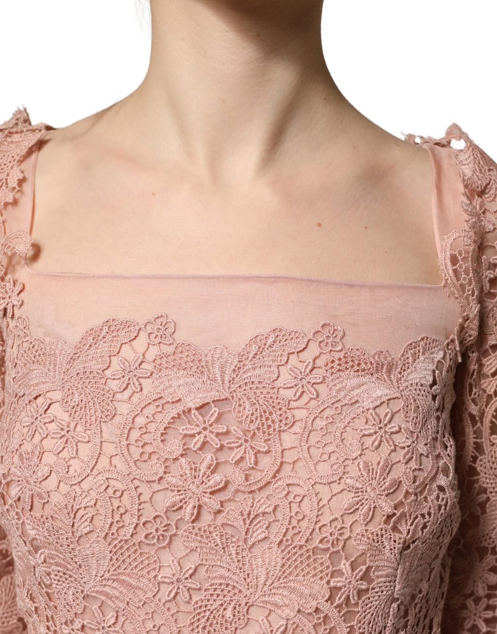 Pink Lace Long-Sleeved Evening Gown Dress