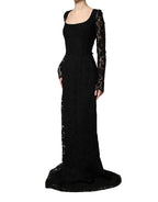 Black Lace Square Neck LongSleeve Maxi Dress