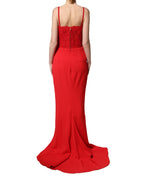 Red Corset Lace Bodice Draped Long Gown Dress