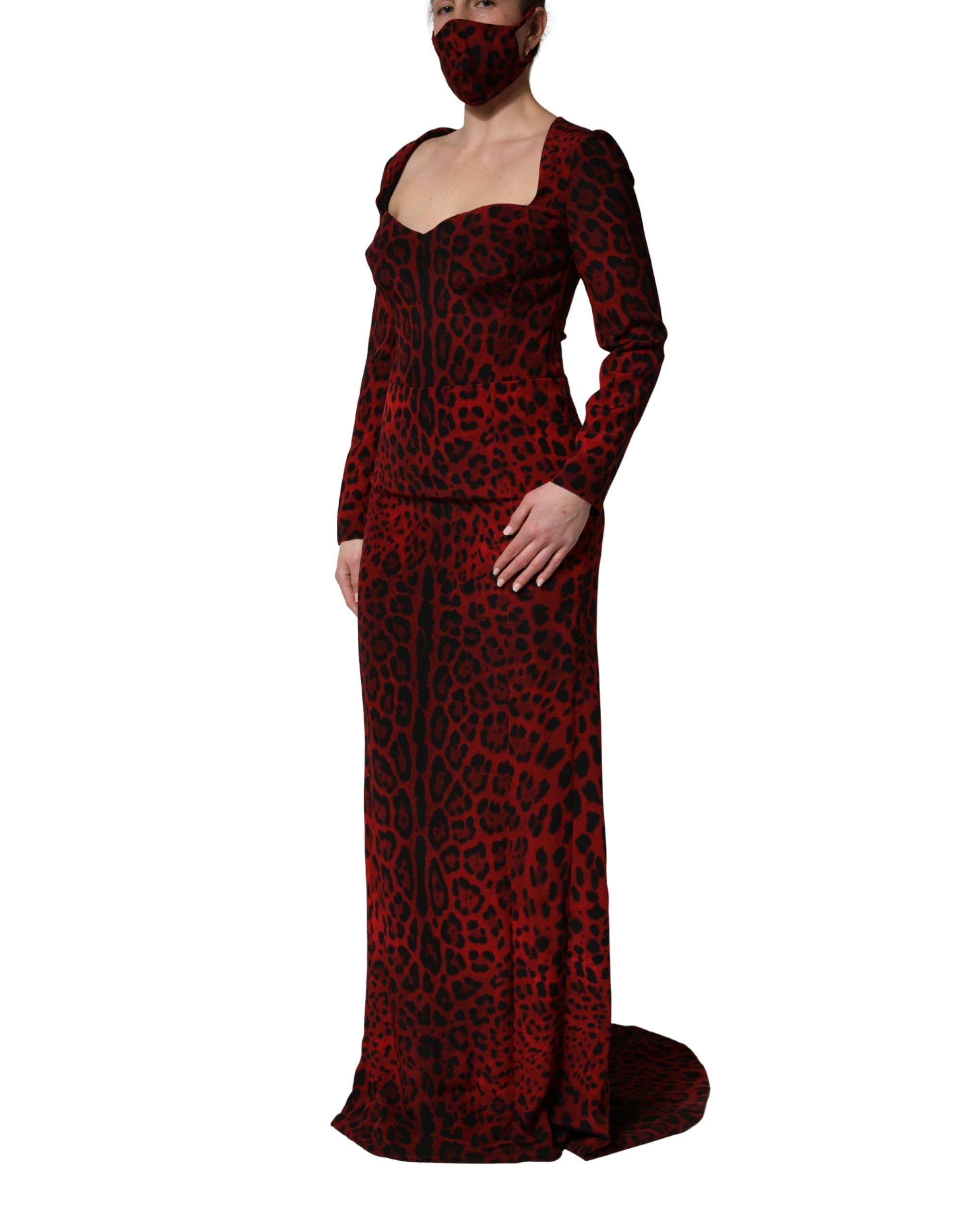Red Leopard Print Sheath Long Sleeve Dress
