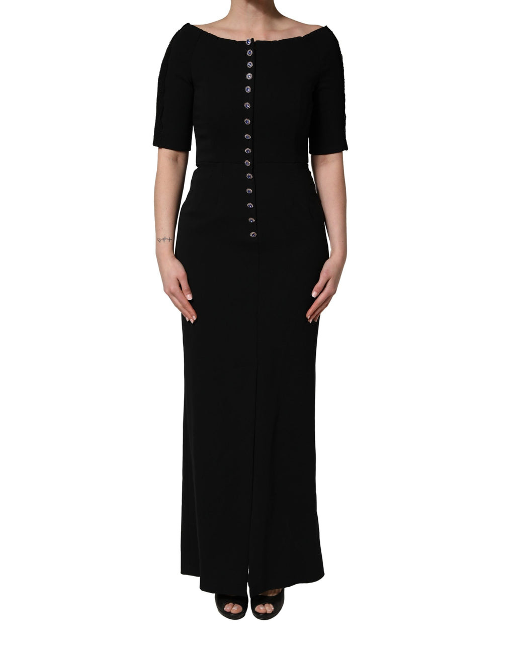 Black Silk Button Bodice Sheath Maxi Dress