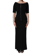 Black Silk Button Bodice Sheath Maxi Dress