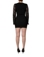 Black Viscose Lace Long Sleeves Mini Dress