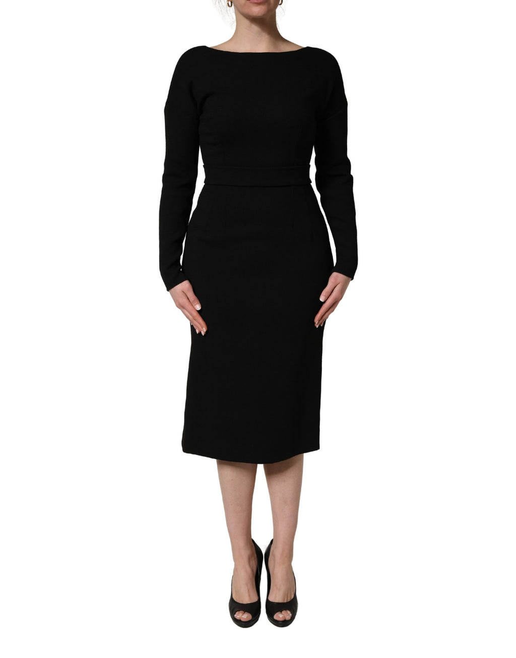 Black Wool Crepe Long Sleeves Midi Dress
