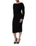 Black Wool Crepe Long Sleeves Midi Dress