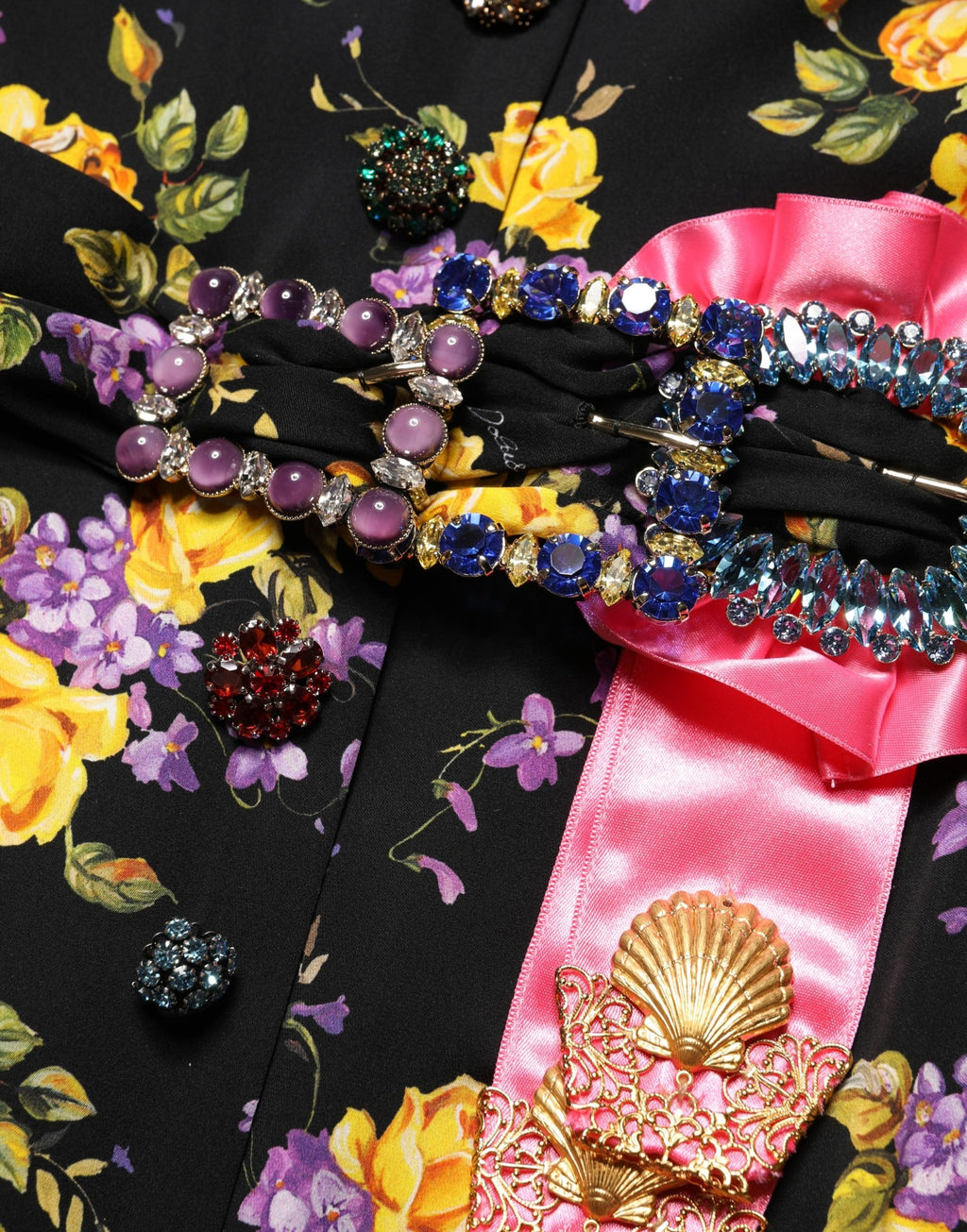 Black Purple Crystal Brooch Silk Midi Dress